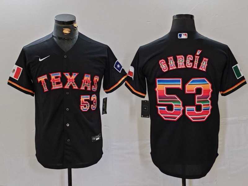 Men%27s Texas Rangers #53 Adolis Garcia Black Rainbow Mexico Cool Base Stitched Jersey Dzhi